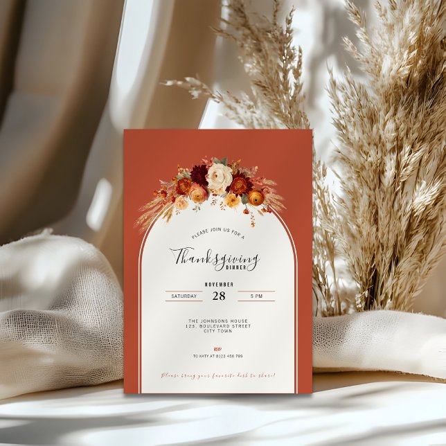 Blommig Terrakotta Thanksgiving Middag Fest Firand Inbjudningar (thanksgiving invitation in autumn style with flowers in earth colors)