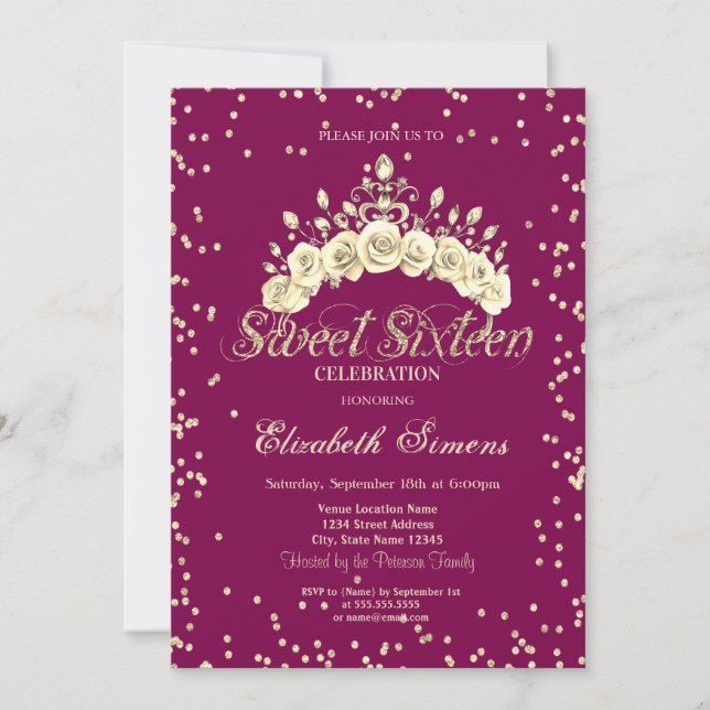 Blommig Tiara Diamanter Prinsessa Sweet 16 Inbjudningar (Framsida)