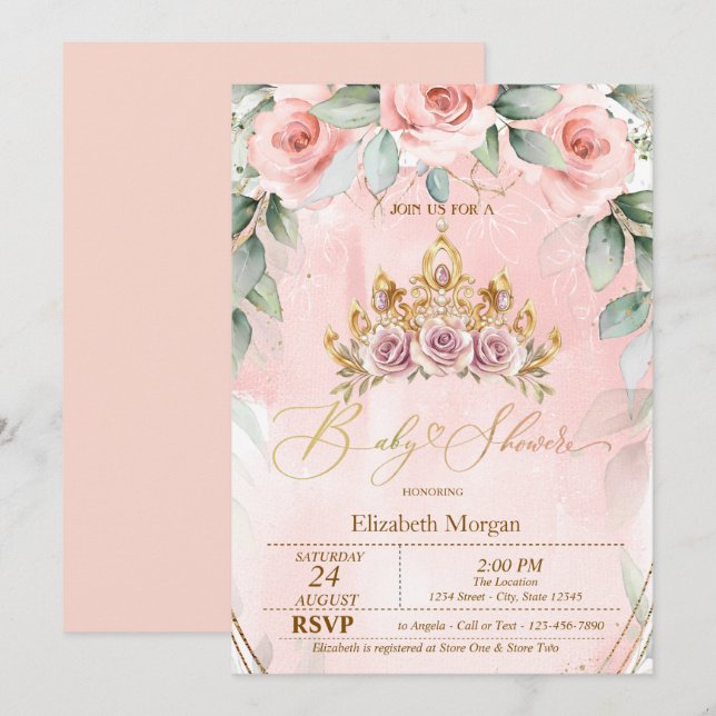 Blommig Tiara Rosor Baby Shower Inbjudningar (Fram/baksida)