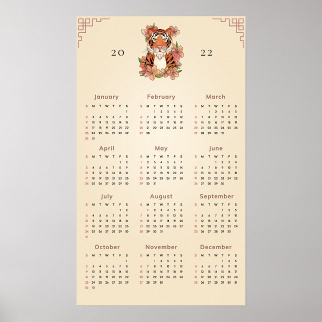 Blommig Tiger Kinesiskt Nyår 2022 Kalender Sand  Poster (Framsidan)