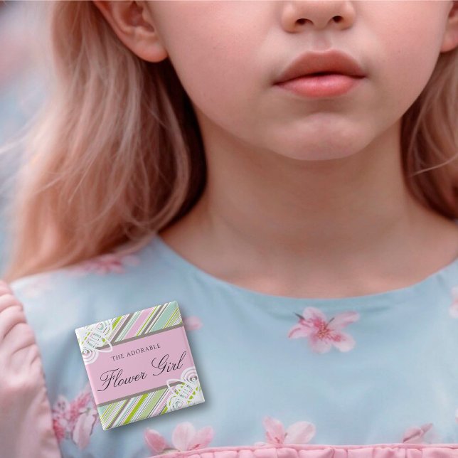 Blommig tjej Randiga trädgård bröllop namnbricka Knapp (The Adorable FLOWER GIRL Sweet Garden Stripes Wedding Rehearsal Name Tag Pinback Button @ fat_fa_tin)