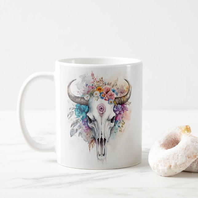 Blommig Tjurkalle Vattenfärgskonst Kaffemugg (Med munk)