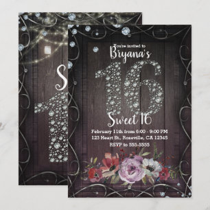 Blommig trä diamantbling 16 födelsedagsfest foto inbjudningar