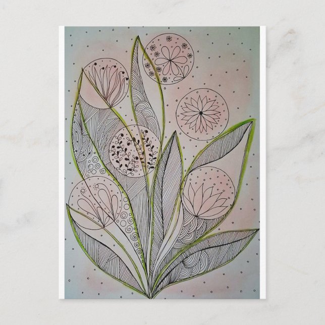 Blommig trädgård blandteknik vykort (Framsida)