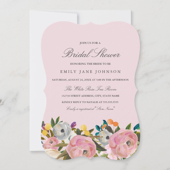 Blommig trädgård rosa bröllopsdusch inbjudan (Framsida)