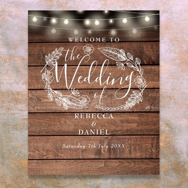 Blommig trädgårdsbelysning med snurra välkomstskyl poster (Floral Wood String Lights Wedding Welcome Sign)