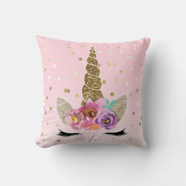 Blommig Trendig Modern Enhörning Horn Guld Konfett Kudde (Framsida)