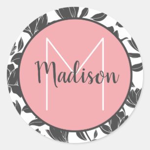 Blommig Tulpan Blommor Pastell Rosa Monogram Namn Runt Klistermärke
