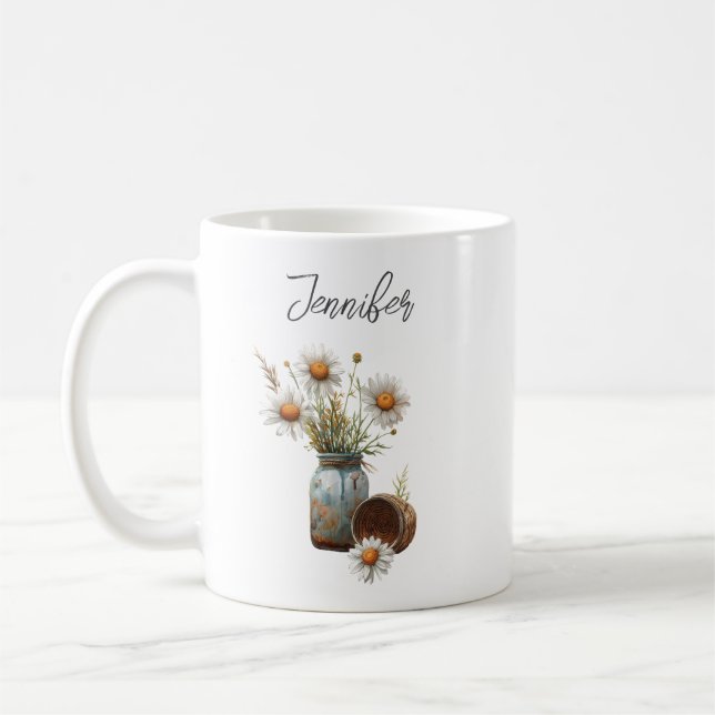 Blommig tusenskönas april födelsedagsblomma rustik kaffemugg (Vänster)