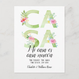 Blommig typografi Nya Casa Hem Meddelande Vykort