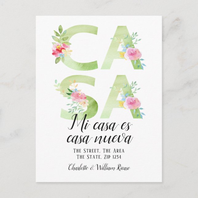 Blommig typografi Nya Casa Hem Meddelande Vykort (Framsida)