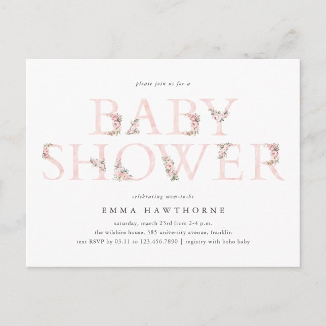 Blommig typografi Rosa Baby Shower-inbjudan Vykort (Framsida)