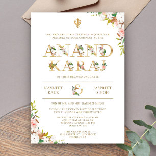 Blommig typografi Vit Anand Karaj Sikh Bröllop Inbjudningar