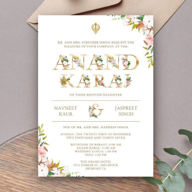 Blommig typografi Vit Anand Karaj Sikh Bröllop Inbjudningar (Skapare uppladdad)