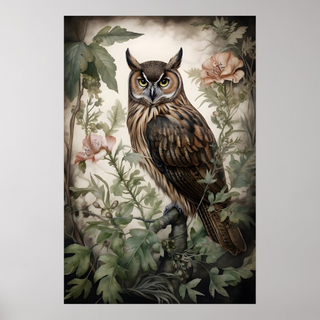Blommig uggleporträtt tryck, Mörk Akademik, Gotisk Poster (Framsidan)