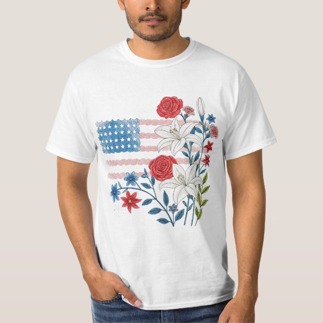 Blommig USA-flaggdesign T Shirt (Framsida)