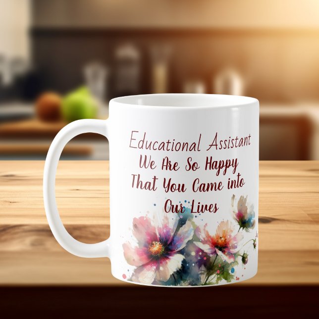 Blommig utbildningsassistent rosa blå Anpassa Kaffemugg (Customize , change the template wording to your own or order as is. Front view)