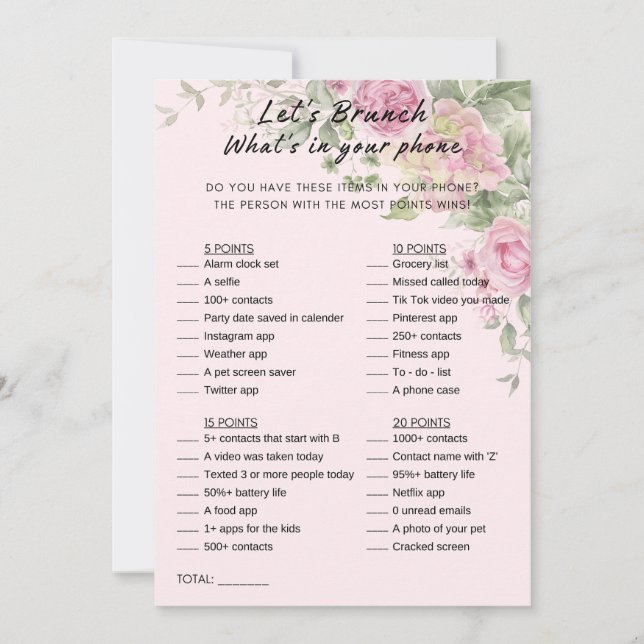 Blommig Vad Finns I Din Telefon Brunchfest Spel Inbjudningar (Framsida)