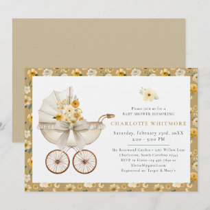 Blommig vagn Beige Baby Shower-inbjudan Inbjudningar