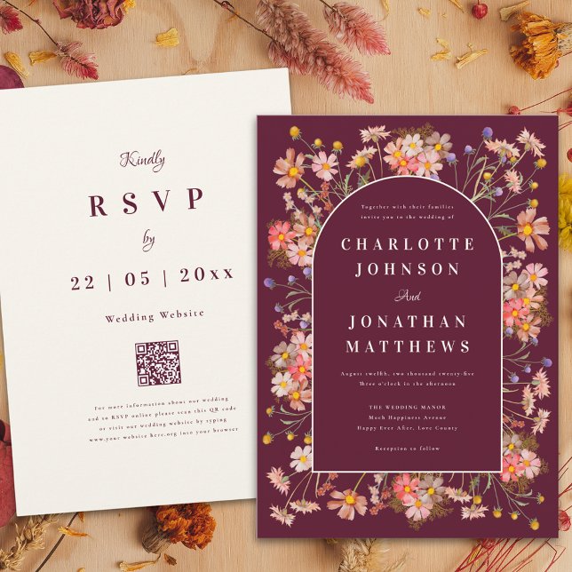 Blommig valv Burgunder Bränd orange Höstbröllop Inbjudningar (Wildflower burgundy terracotta burnt orange fall wedding invitation elegant floral arch and script)