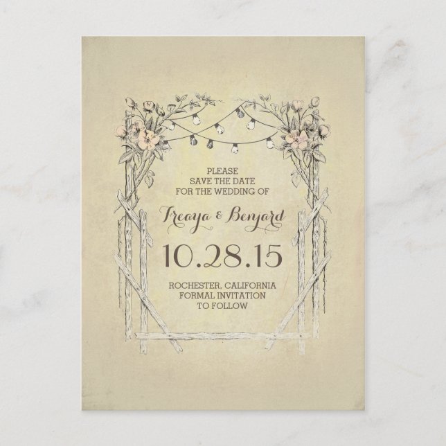 Blommig valv vintage rustik save the date meddelande vykort (Framsida)