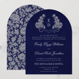 Blommig vapensköld Monogram Navy Heritage Bröllop Inbjudningar