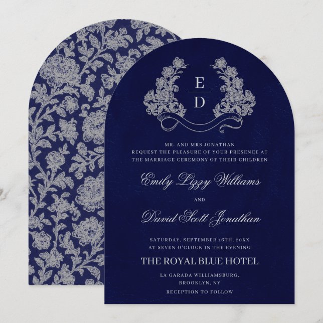 Blommig vapensköld Monogram Navy Heritage Bröllop Inbjudningar (Fram/baksida)