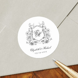 Blommig vapensköldsmonogram elegant bröllop runt klistermärke