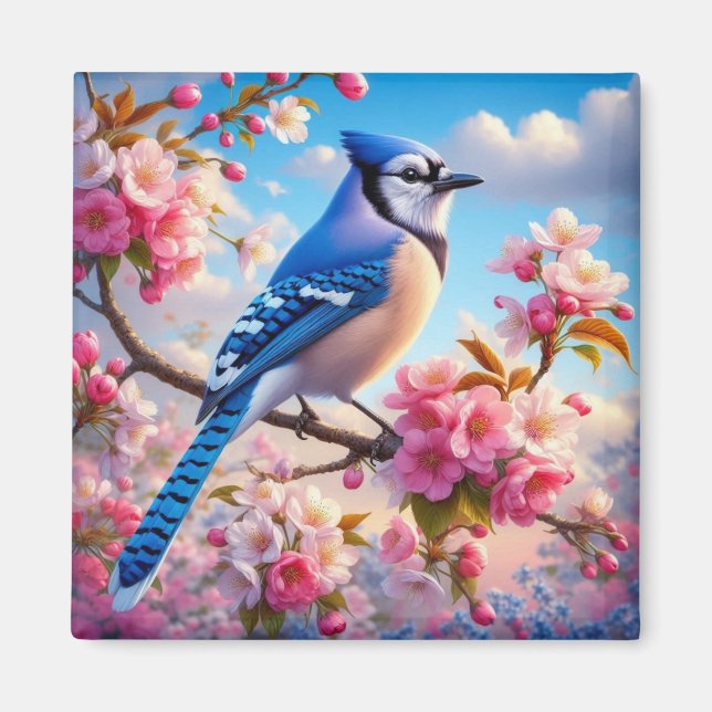 Blommig/vår Blåskrika konst Magnet (Framsidan)