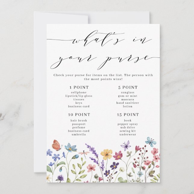 Blommig vår sommar Vad finns i din handväska spel Inbjudningar (Framsida)