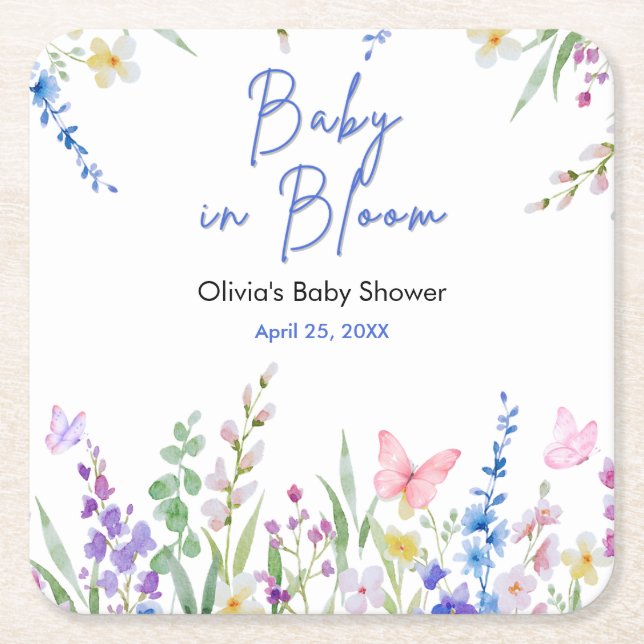 Blommig vårbebis i blom Baby Shower   Underlägg Papper Kvadrat (Framsidan)