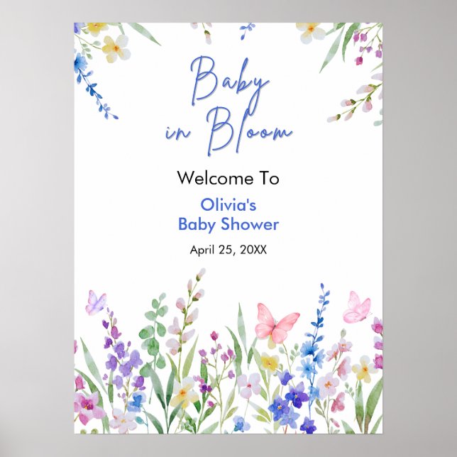 Blommig vårbebis i blom Baby Shower Välkommen  Poster (Framsidan)