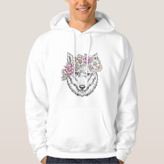 Blommig varg linjärt konstverk – Boho vilddjur med Hoodie