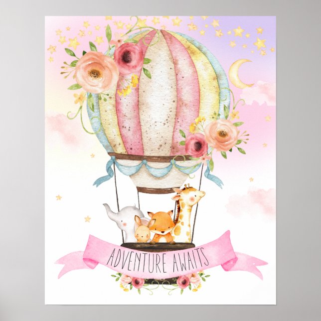 Blommig varmluftsballong Djur Äventyr väntar Poster (Framsidan)