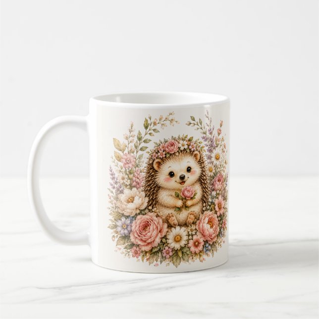 Blommig Vattenfärgsillustration av Igelkott Kaffemugg (Vänster)