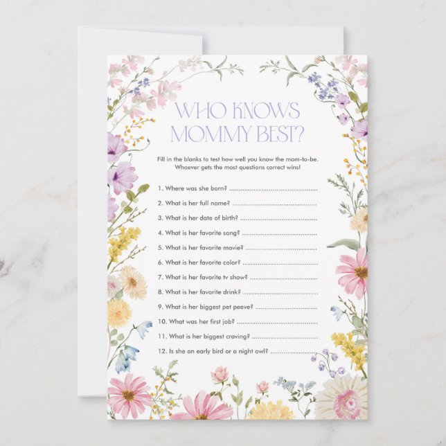 Blommig Vem Känner Mamma Bäst Baby Shower Spelkort Inbjudningar (Framsida)