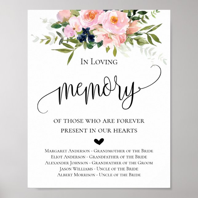 Blommig vigselskylt med texten 'In Loving Memory' Poster (Framsidan)