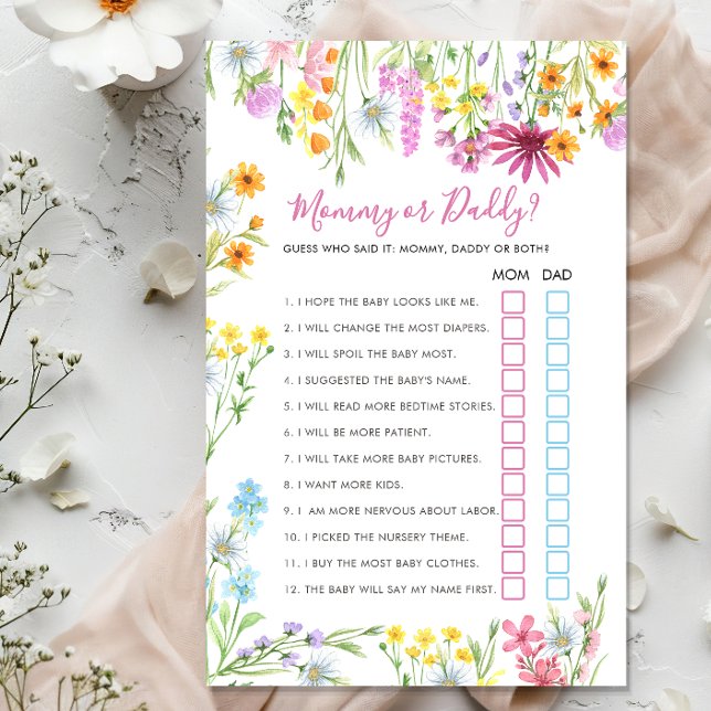 Blommig Vildblomma Mamma eller Pappa Barnkalas Lek (Mommy or Daddy game from the Wildflower Meadow Baby Shower collection by Darling & May)
