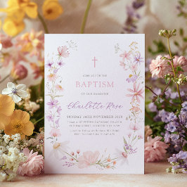 Blommig Vildblomma Rosa Flickor Dop Dopsceremoni Inbjudningar