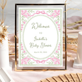 Blommig Vildblomma Rosa Grön Baby Shower Välkommen Poster