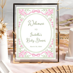 Blommig Vildblomma Rosa Grön Baby Shower Välkommen Poster