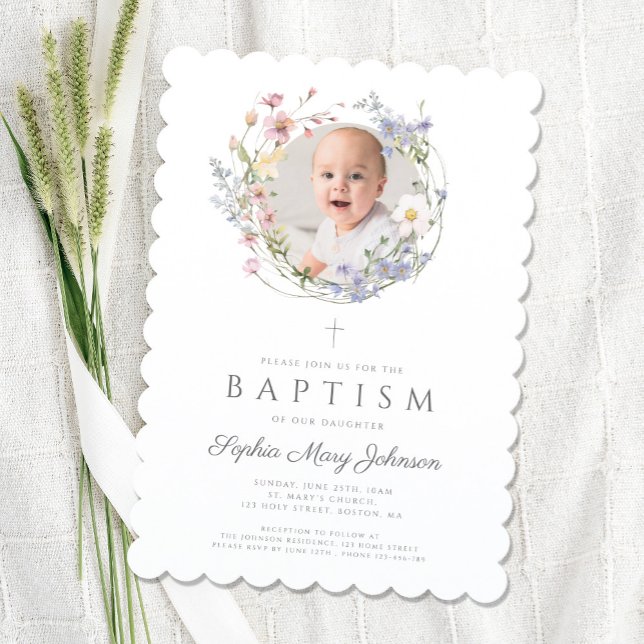 Blommig vildblommor krans flicka dop foto inbjudningar (Floral Wildflowers Wreath Girl Baptism Photo Invitation)