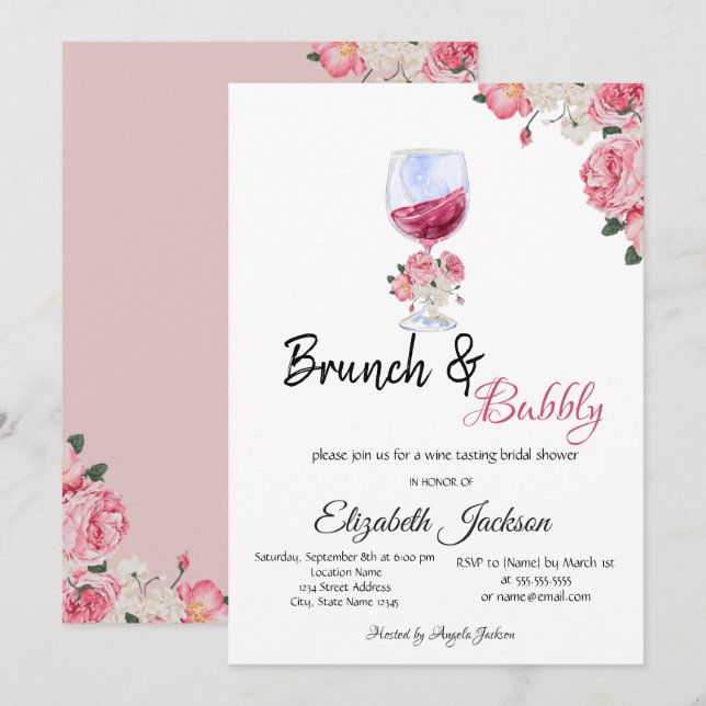 Blommig vin glas Brunch & Bubbly Bröllopsdusch Inbjudningar (Fram/baksida)