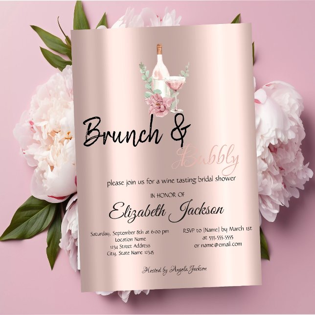 Blommig vinbrunch & Bubbly Rose Gold Inbjudningar (Skapare uppladdad)