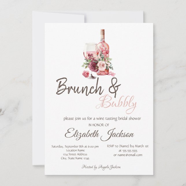 Blommig vinprovningsbrunch & bubbelvin inbjudningar (Framsida)