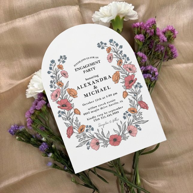Blommig Vintage Bröllopsfestinladan Inbjudningar (Elegant vintage floral engagement invitation with soft botanical flowers)