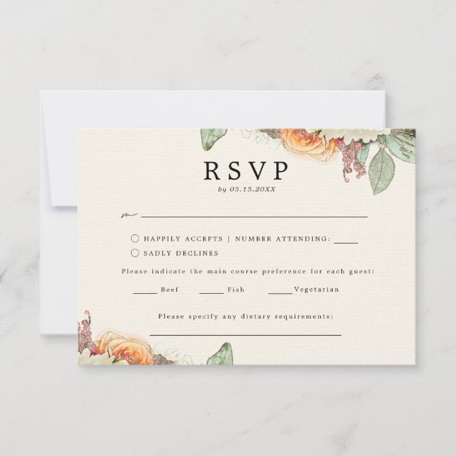 Blommig Vintage Eukalyptus Rosor Meny Val RSVP (Framsida)