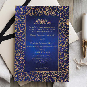 Blommig Vintage Guld & Blå Velvet Islamisk Bröllop Inbjudningar