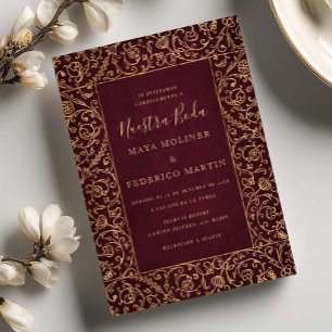 Blommig Vintage Guld Burgunder Nuestra Boda Bröllo Inbjudningar