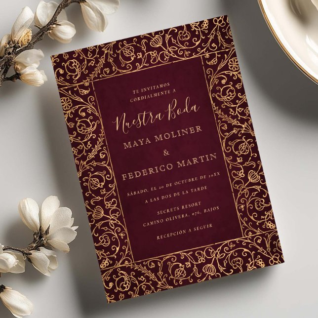 Blommig Vintage Guld Burgunder Nuestra Boda Bröllo Inbjudningar (Skapare uppladdad)